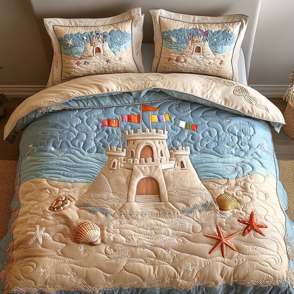 Castle Shores quilted 3-piece bedding set on a made bed in a light coastal bedroom