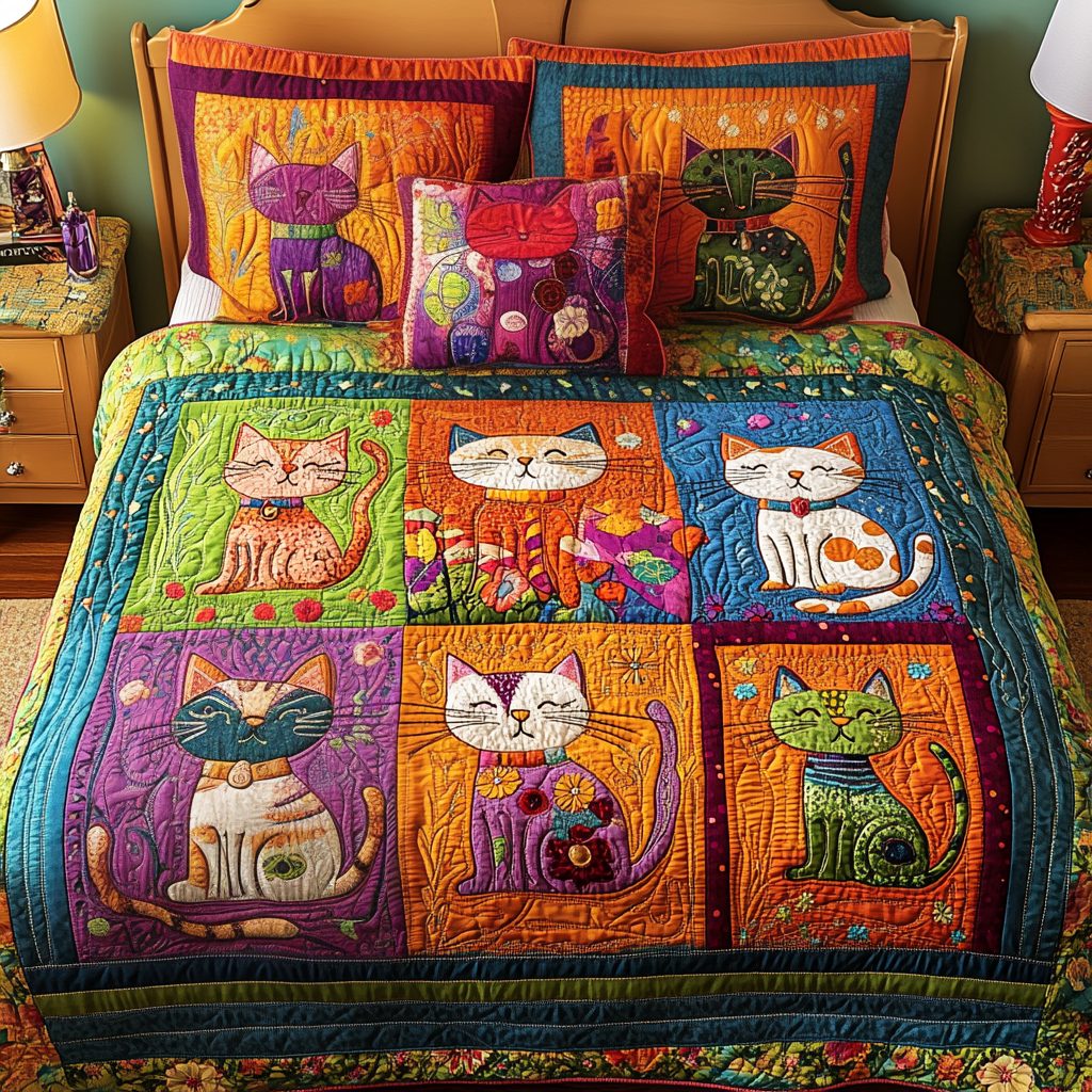 Cat Bliss quilted 3-piece bedding set on a made bed with two matching pillow shams