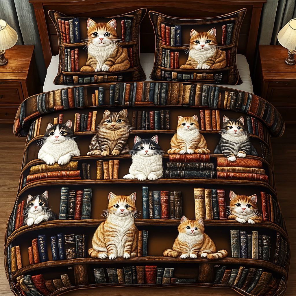 Cat Chronicles quilted 3-piece bedding set on a made bed with two matching pillow shams