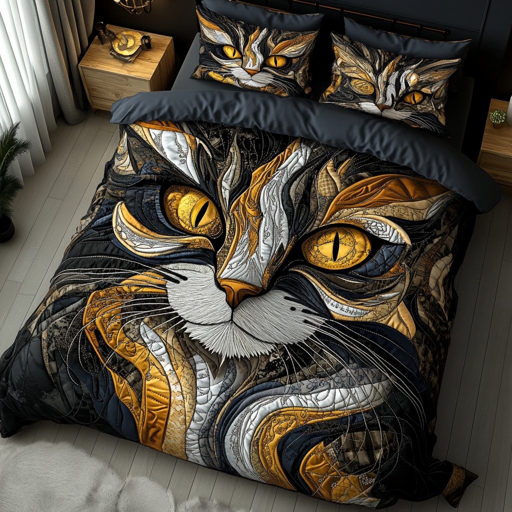Cat Dream quilted 3-piece bedding set on a made bed with two matching pillow shams