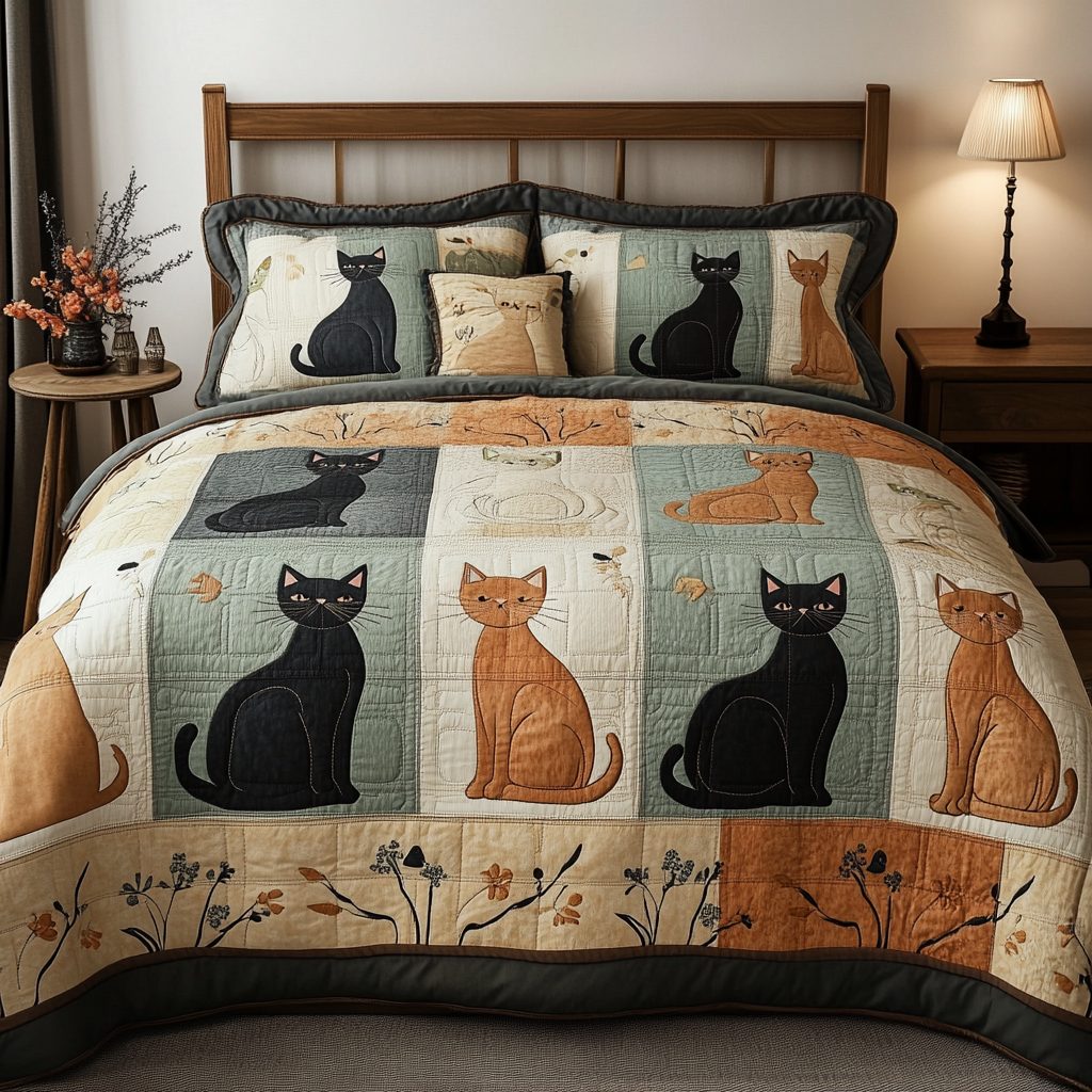 Cat Haven quilted 3-piece bedding set on a made bed with two matching pillow shams