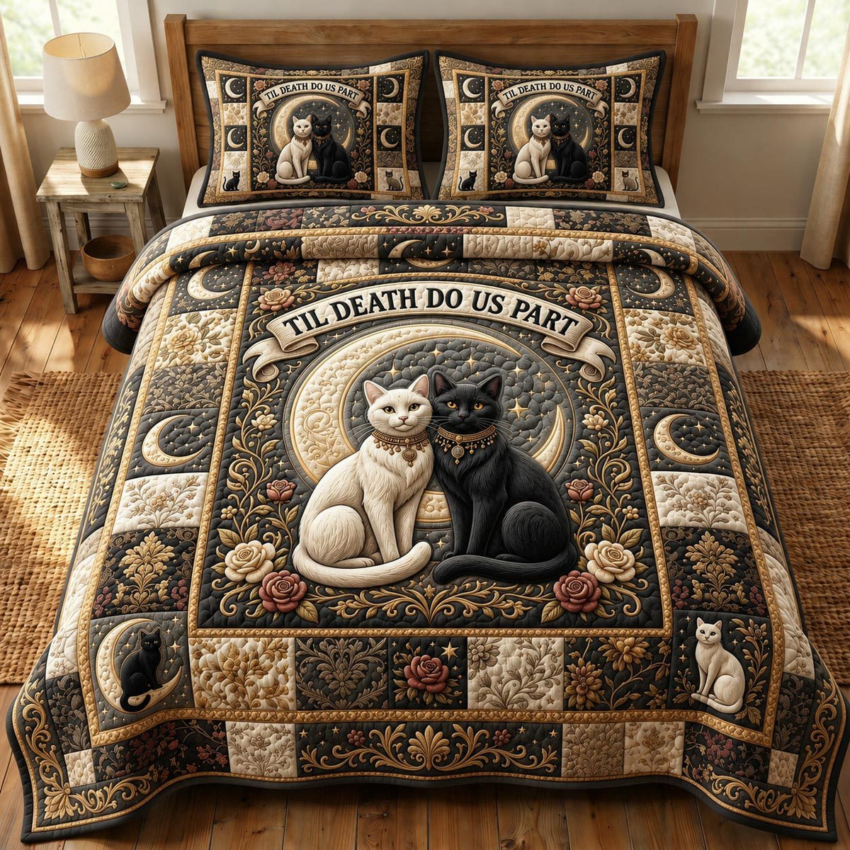 Cat Lovers quilted 3-piece bedding set on a made bed with two matching pillow shams