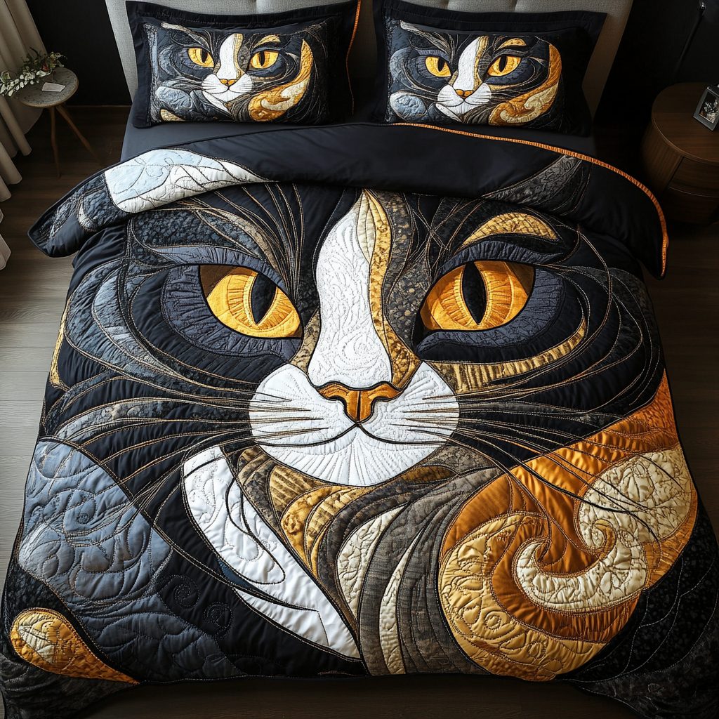 Cat Paws quilted 3-piece bedding set on a made bed with two matching pillow shams