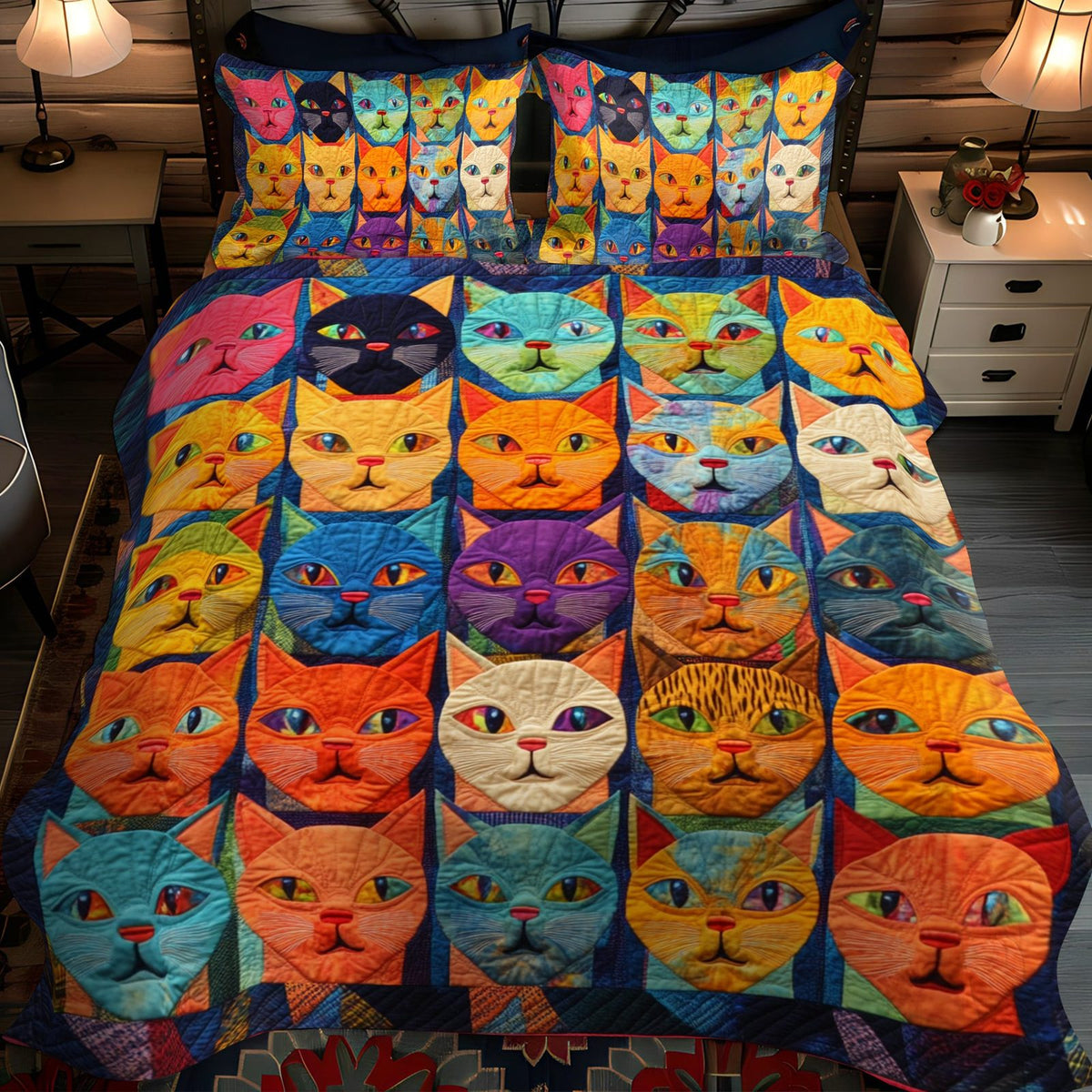 Cat Portraits quilted 3-piece bedding set on a made bed with two matching pillow shams