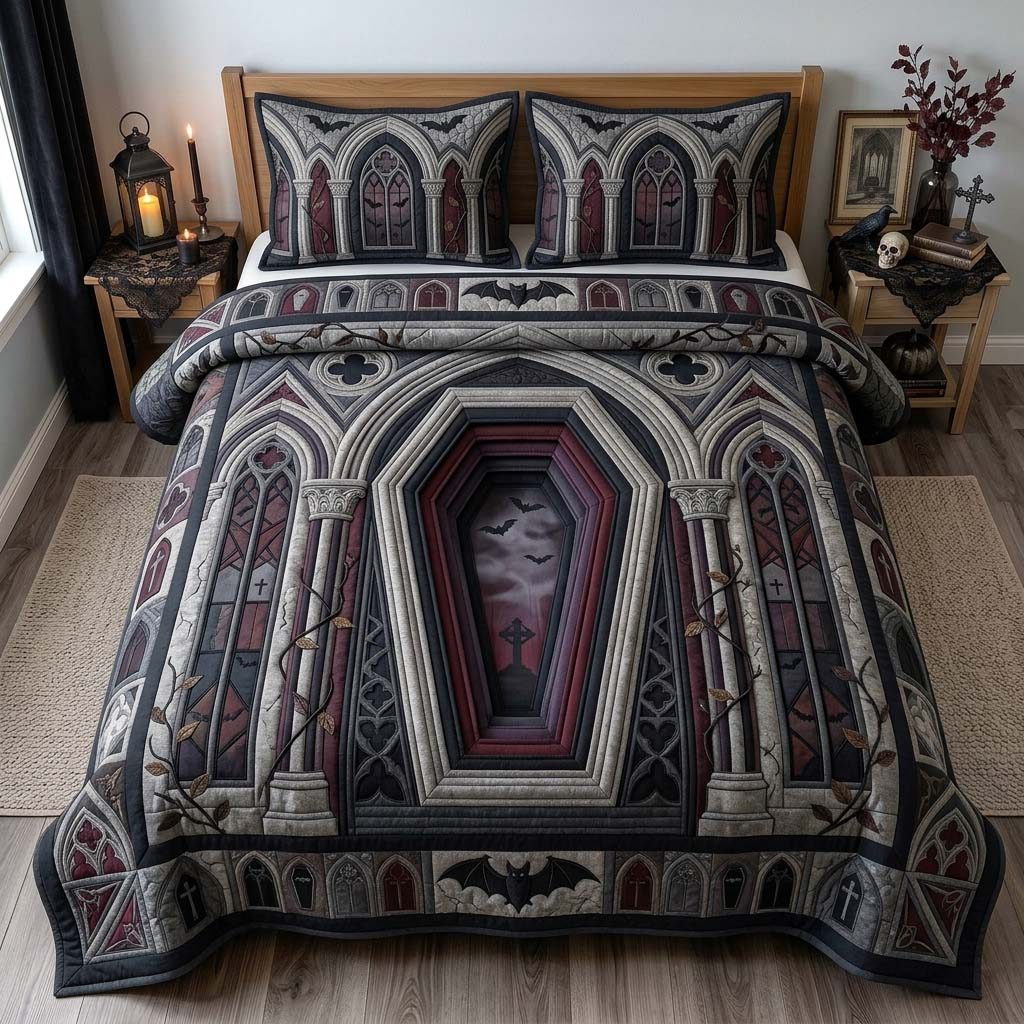 Cathedral Coffin Gate quilted 3-piece bedding set on a made bed with two matching pillow shams
