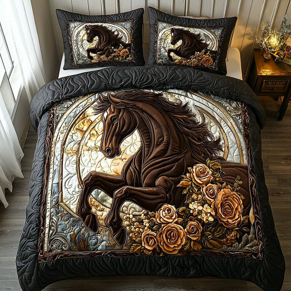 Cathedral Horse quilted 3-piece bedding set on a made bed in a rustic timber bedroom