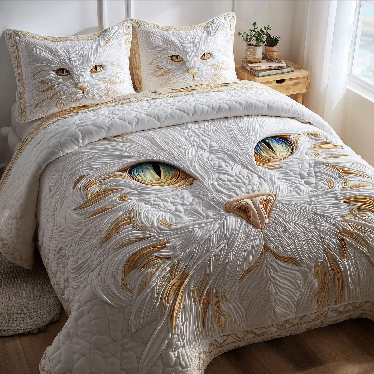 Catitude quilted 3-piece bedding set on a made bed with two matching pillow shams
