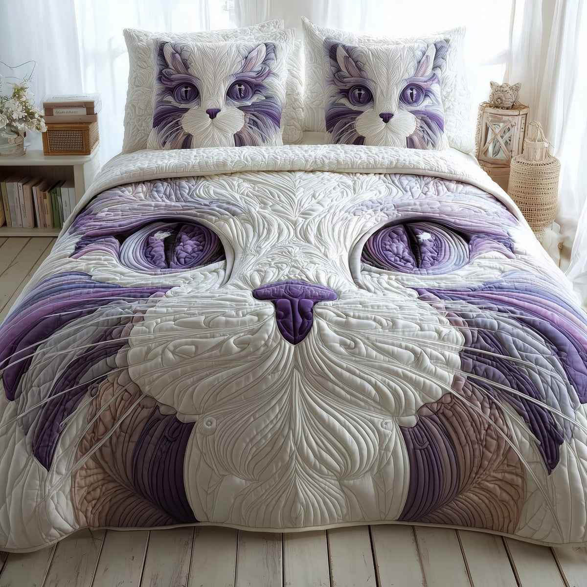 Catitude quilted 3-piece bedding set on a made bed with two matching pillow shams