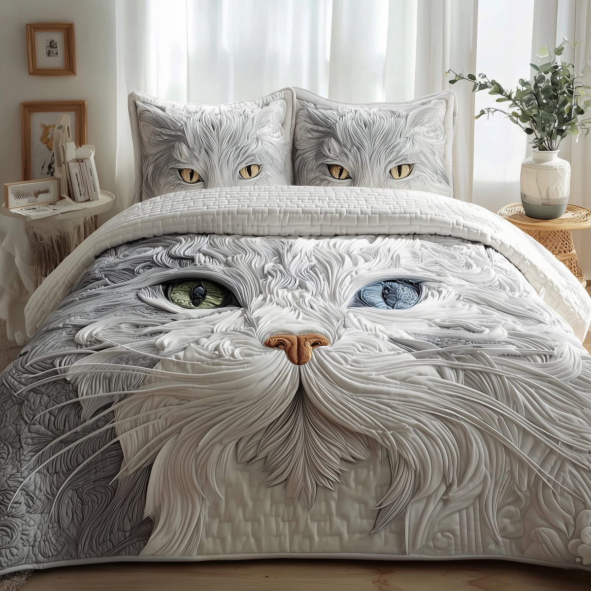 Catitude quilted 3-piece bedding set on a made bed with two matching pillow shams