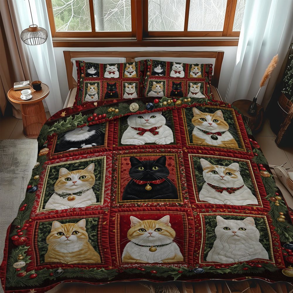 Catmas Celebration quilted 3-piece bedding set on a made bed with two matching pillow shams