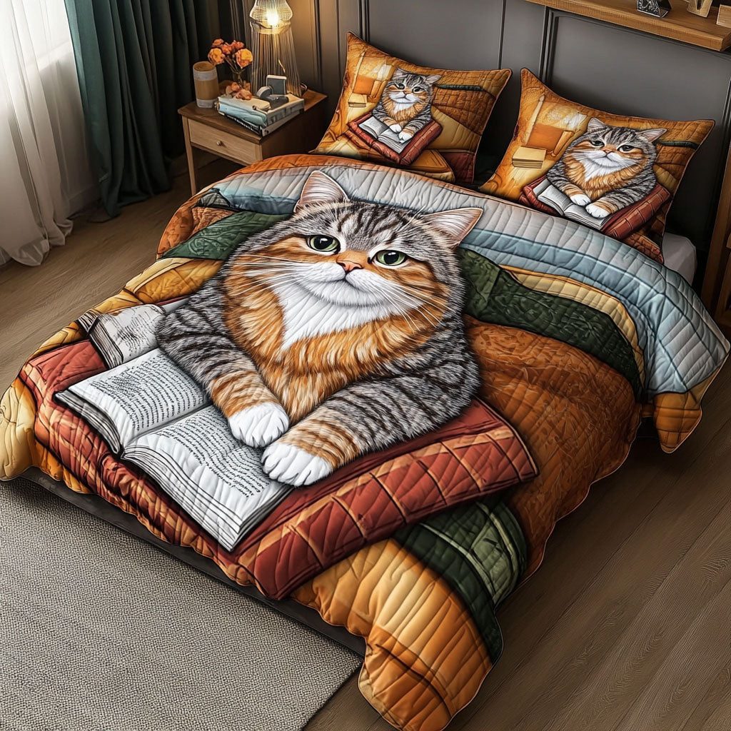 Catnip Chronicles quilted 3-piece bedding set on a made bed with two matching pillow shams