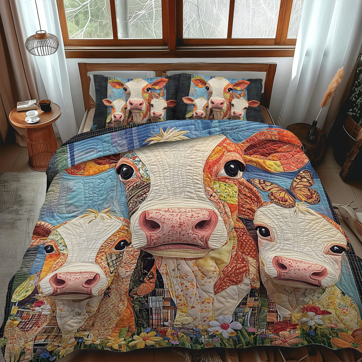 Cattle Charm quilted 3-piece bedding set on a made bed in a rustic timber bedroom