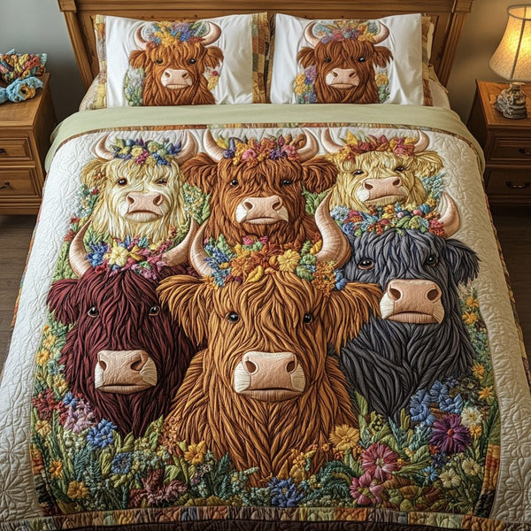 Cattle Charm quilted 3-piece bedding set on a made bed in a rustic timber bedroom
