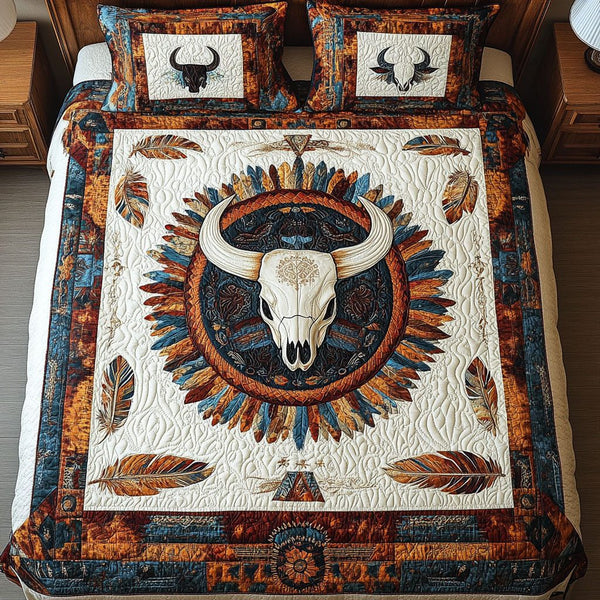 Cattle Drive quilted 3-piece bedding set on a made bed in a rustic timber bedroom
