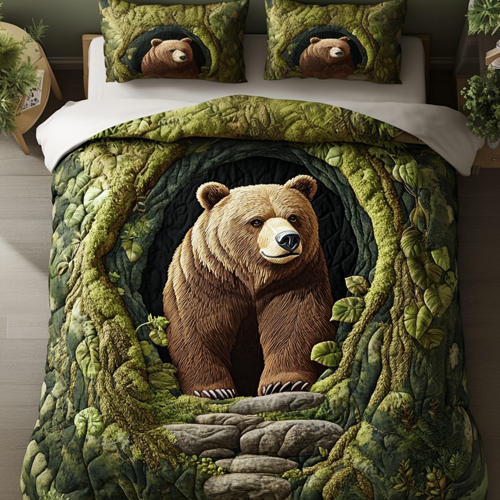 Cave Guardian quilted 3-piece bedding set on a made bed with two matching pillow shams