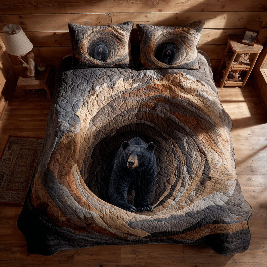 Cave Spirit quilted 3-piece bedding set on a made bed with two matching pillow shams