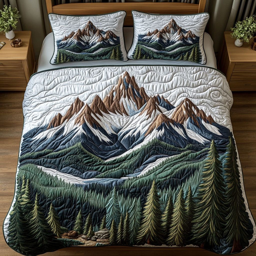Cedar Crown quilted 3-piece bedding set on a made bed with two matching pillow shams