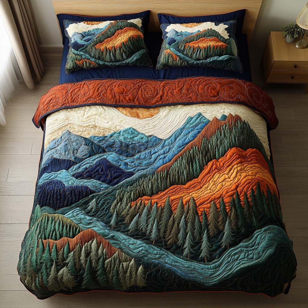 Cedar Ridge quilted 3-piece bedding set on a made bed with two matching pillow shams