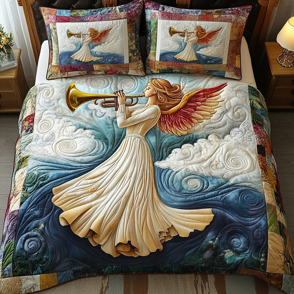 Celestial Angel quilted 3-piece bedding set on a made bed in a softly lit bedroom