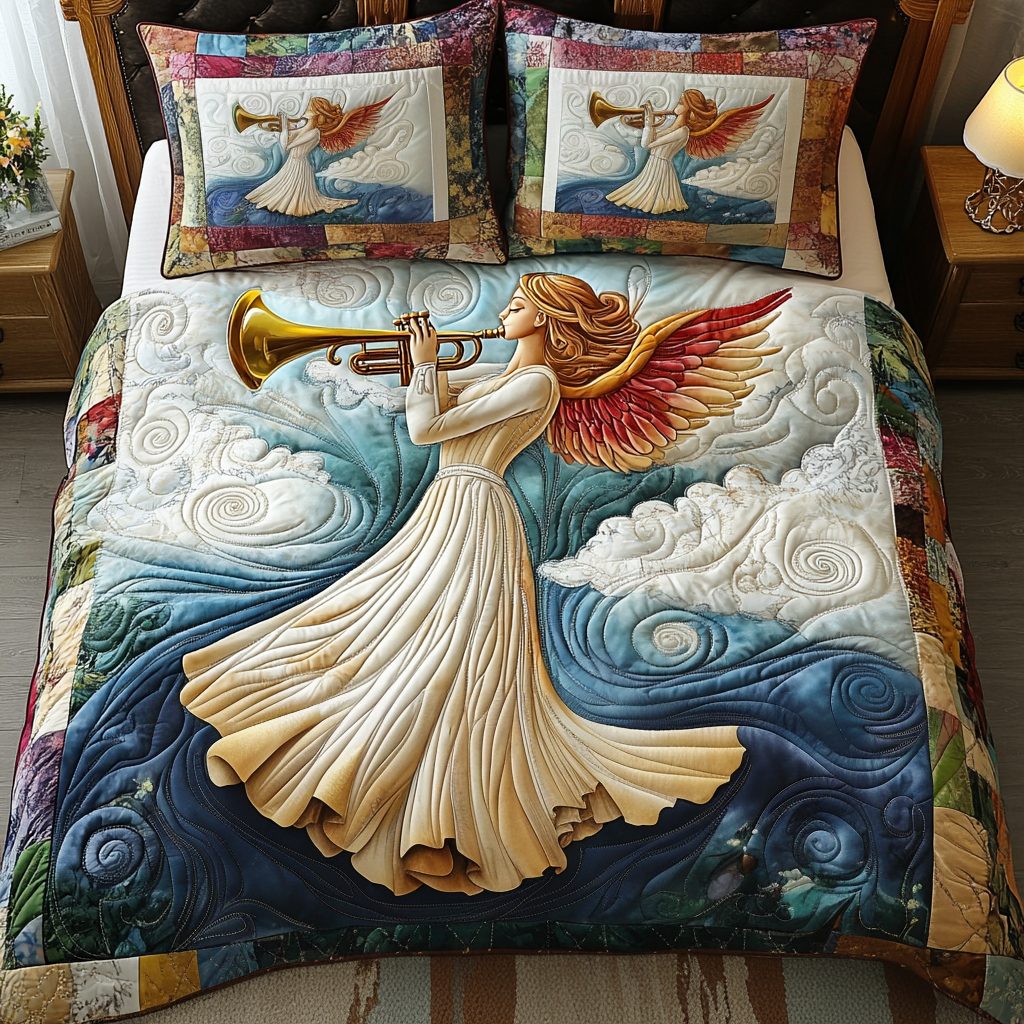 Celestial Angel quilted 3-piece bedding set on a made bed in a softly lit bedroom