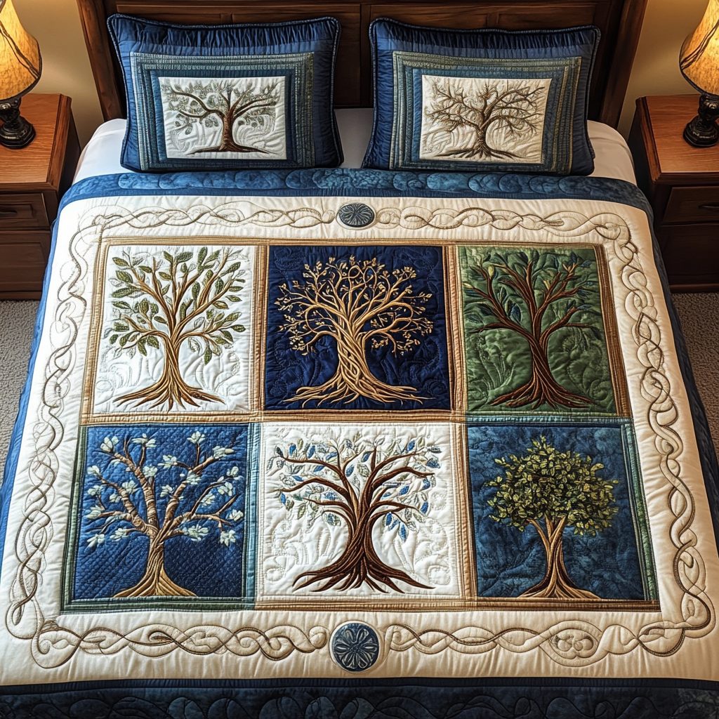 Celestial Arbor Quilt quilted 3-piece bedding set on a made bed with two matching pillow shams