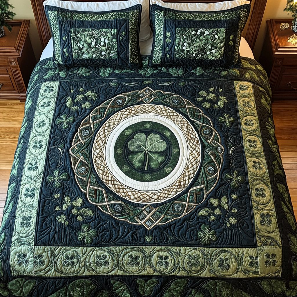 Celestial Arbor quilted 3-piece bedding set on a made bed with two matching pillow shams