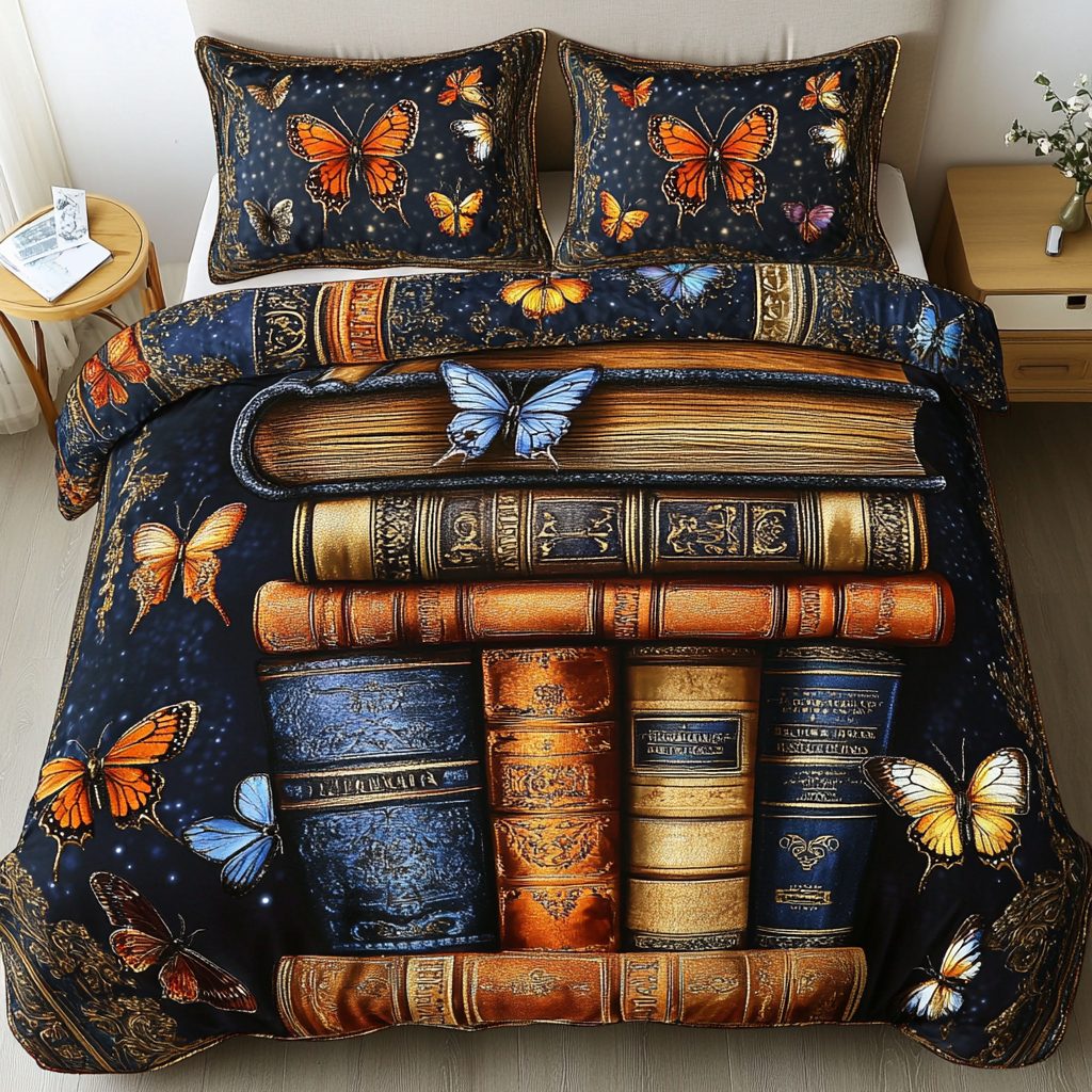 Celestial Butterfly Library quilted 3-piece bedding set on a made bed with two matching pillow shams