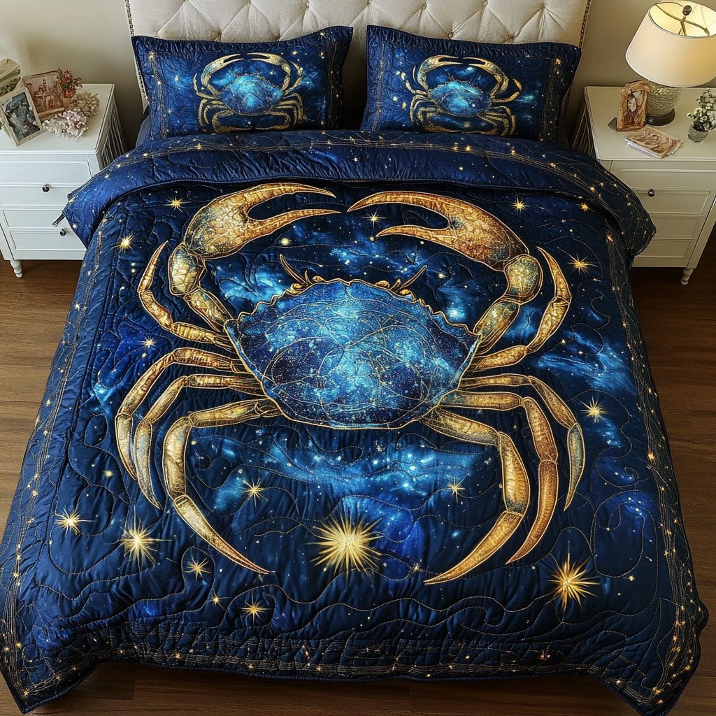Celestial Cancer quilted 3-piece bedding set on a made bed with two matching pillow shams