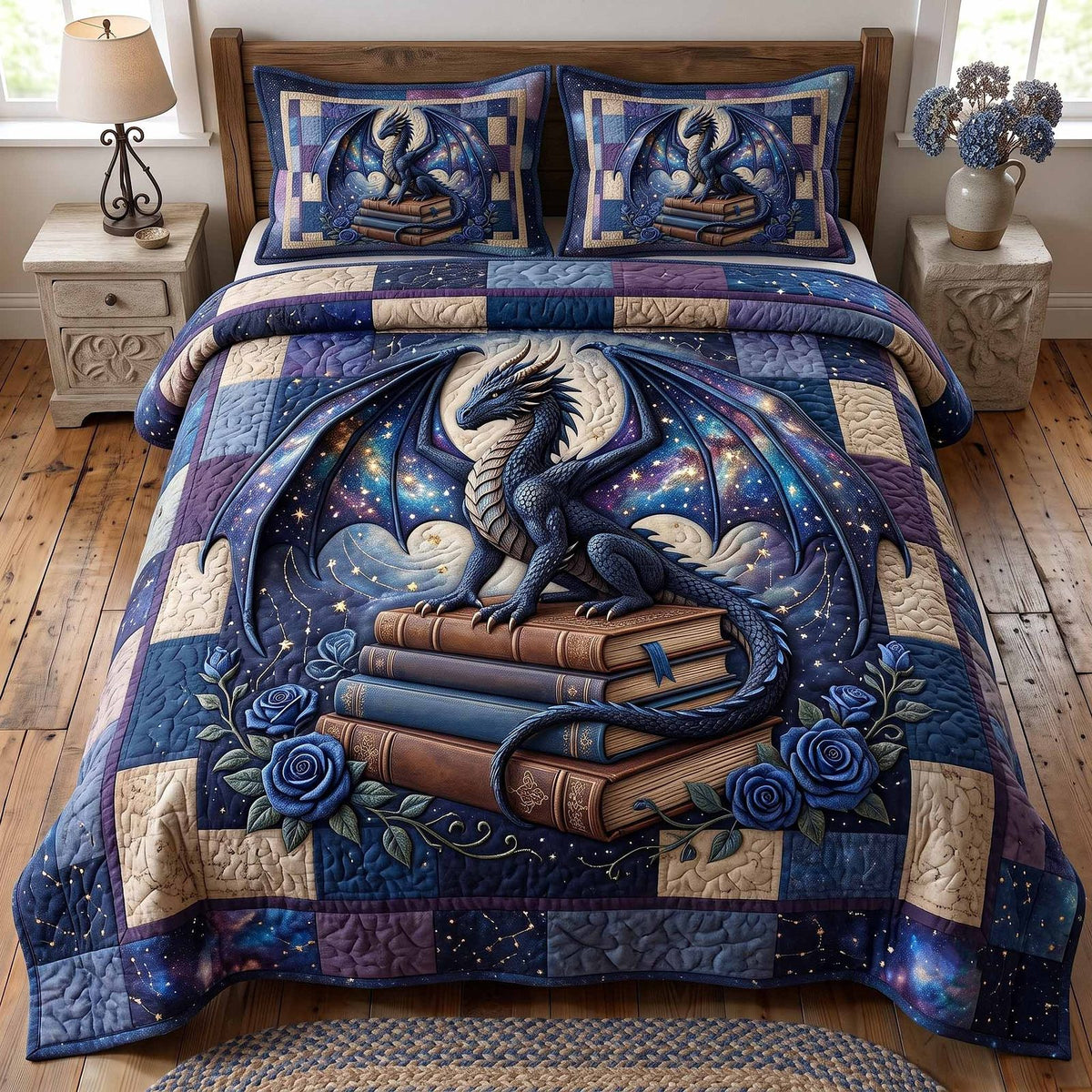 Celestial Dragon quilted 3-piece bedding set on a made bed with two matching pillow shams