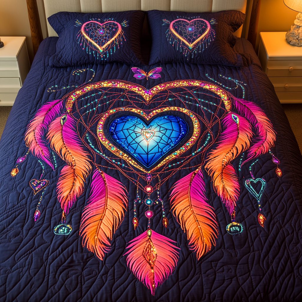 Celestial Dreams quilted 3-piece bedding set on a made bed with two matching pillow shams