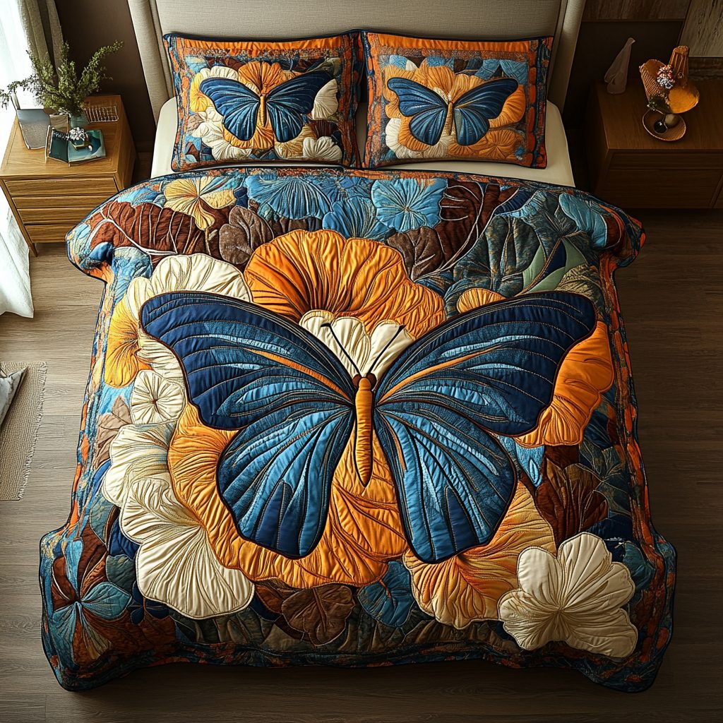 Celestial Flutter quilted 3-piece bedding set on a made bed with two matching pillow shams