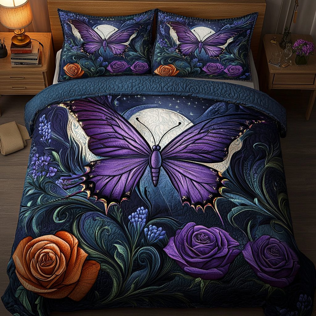 Celestial Flutter quilted 3-piece bedding set on a made bed with two matching pillow shams