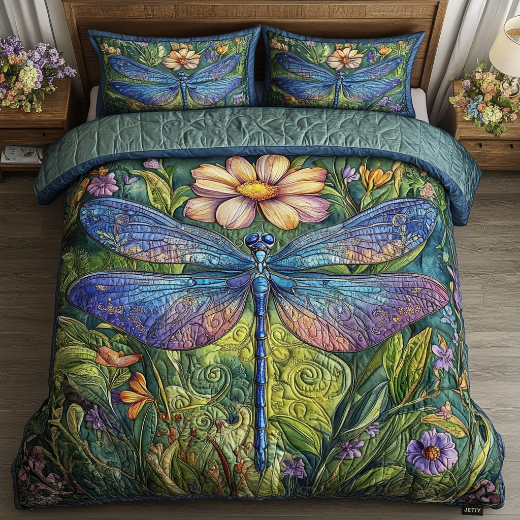 Celestial Flyer quilted 3-piece bedding set on a made bed with two matching pillow shams