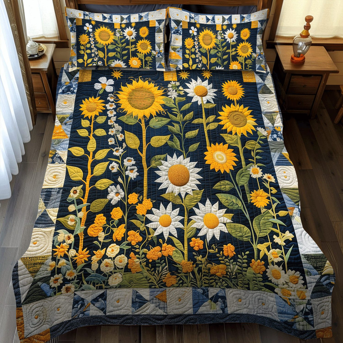 Celestial Garden quilted 3-piece bedding set on a made bed with two matching pillow shams