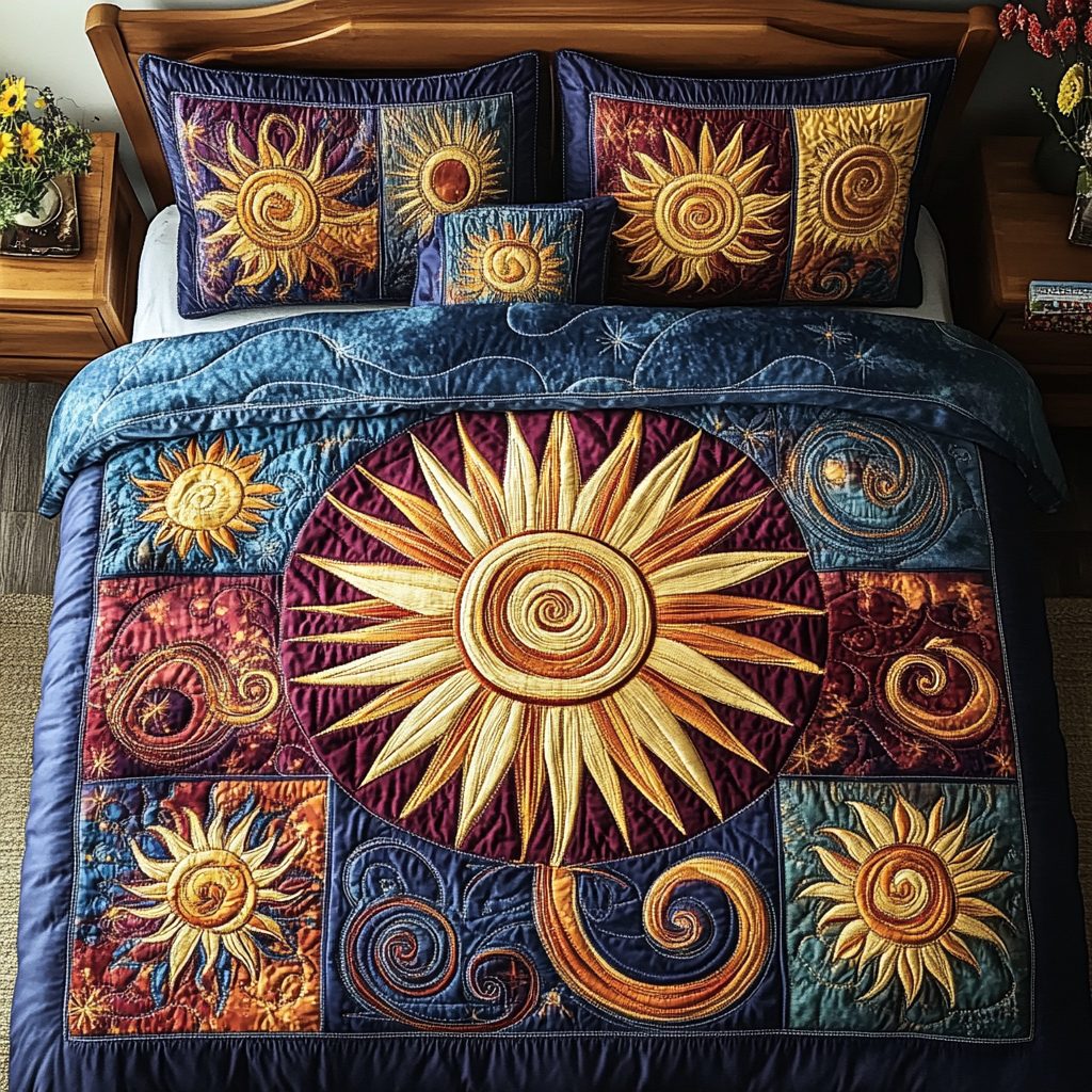 Celestial Glow quilted 3-piece bedding set on a made bed with two matching pillow shams