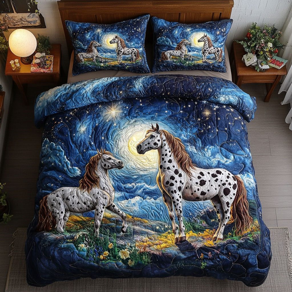 Celestial Herd quilted 3-piece bedding set on a made bed with two matching pillow shams