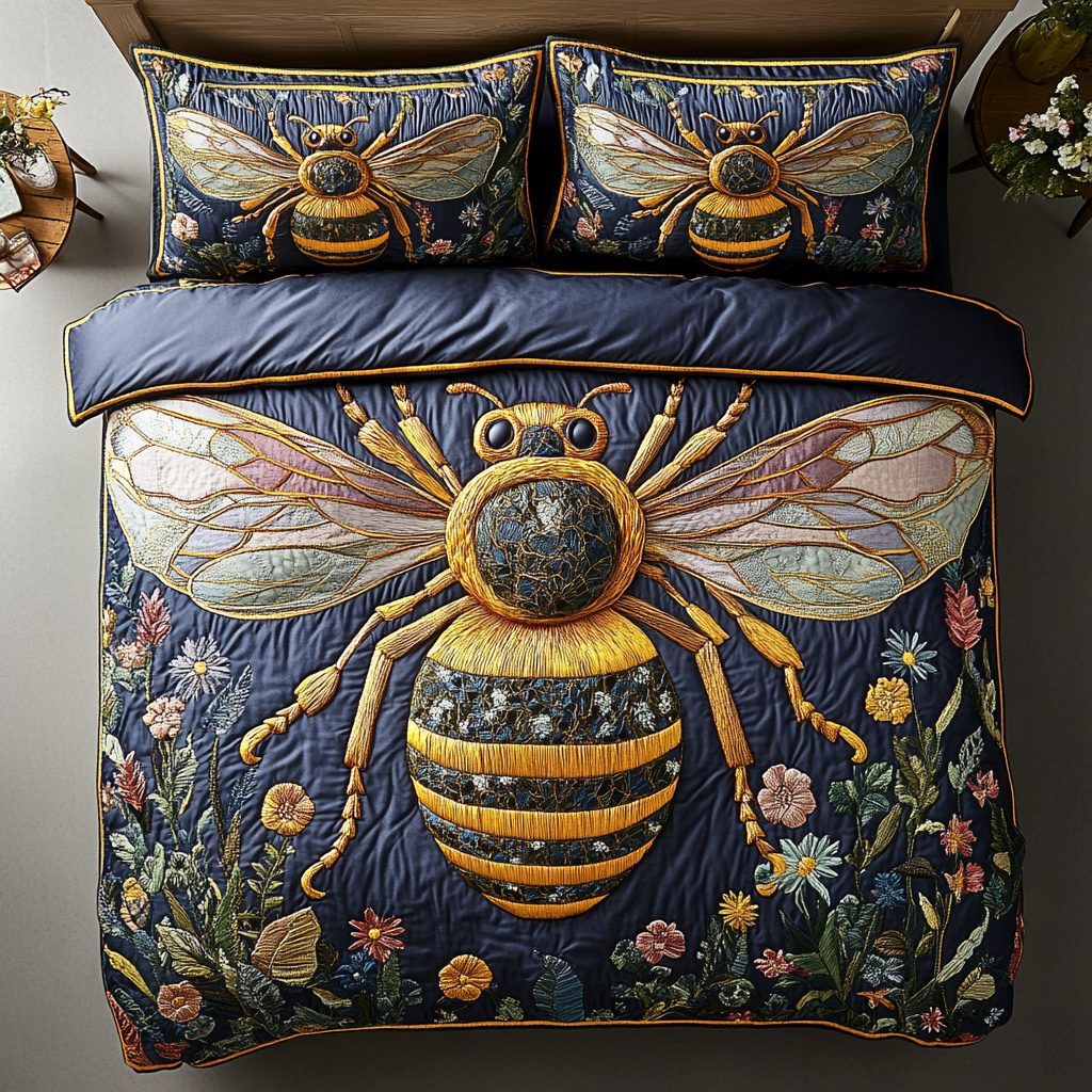 Celestial Honeybee quilted 3-piece bedding set on a made bed with two matching pillow shams
