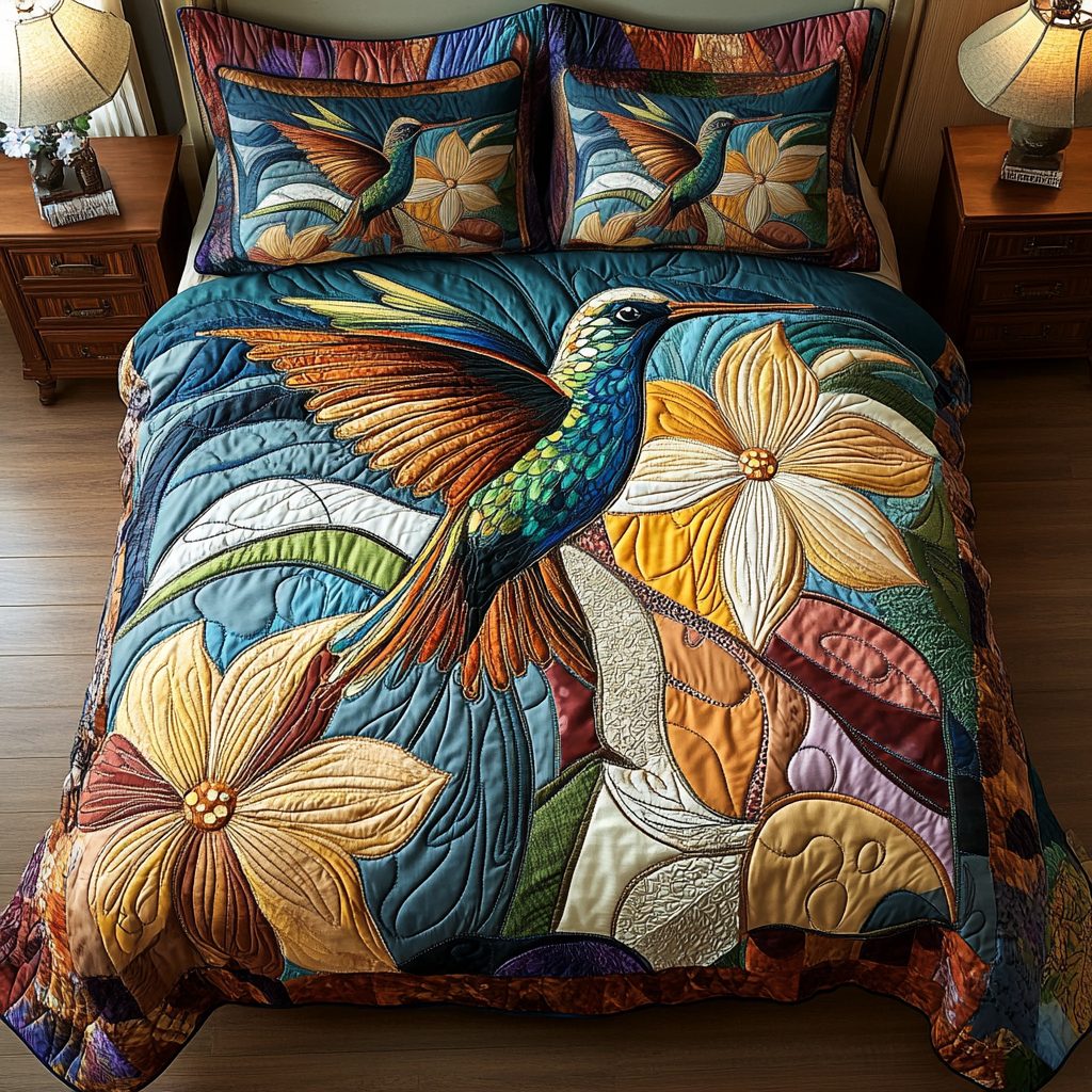 Celestial Hummer quilted 3-piece bedding set on a made bed with two matching pillow shams