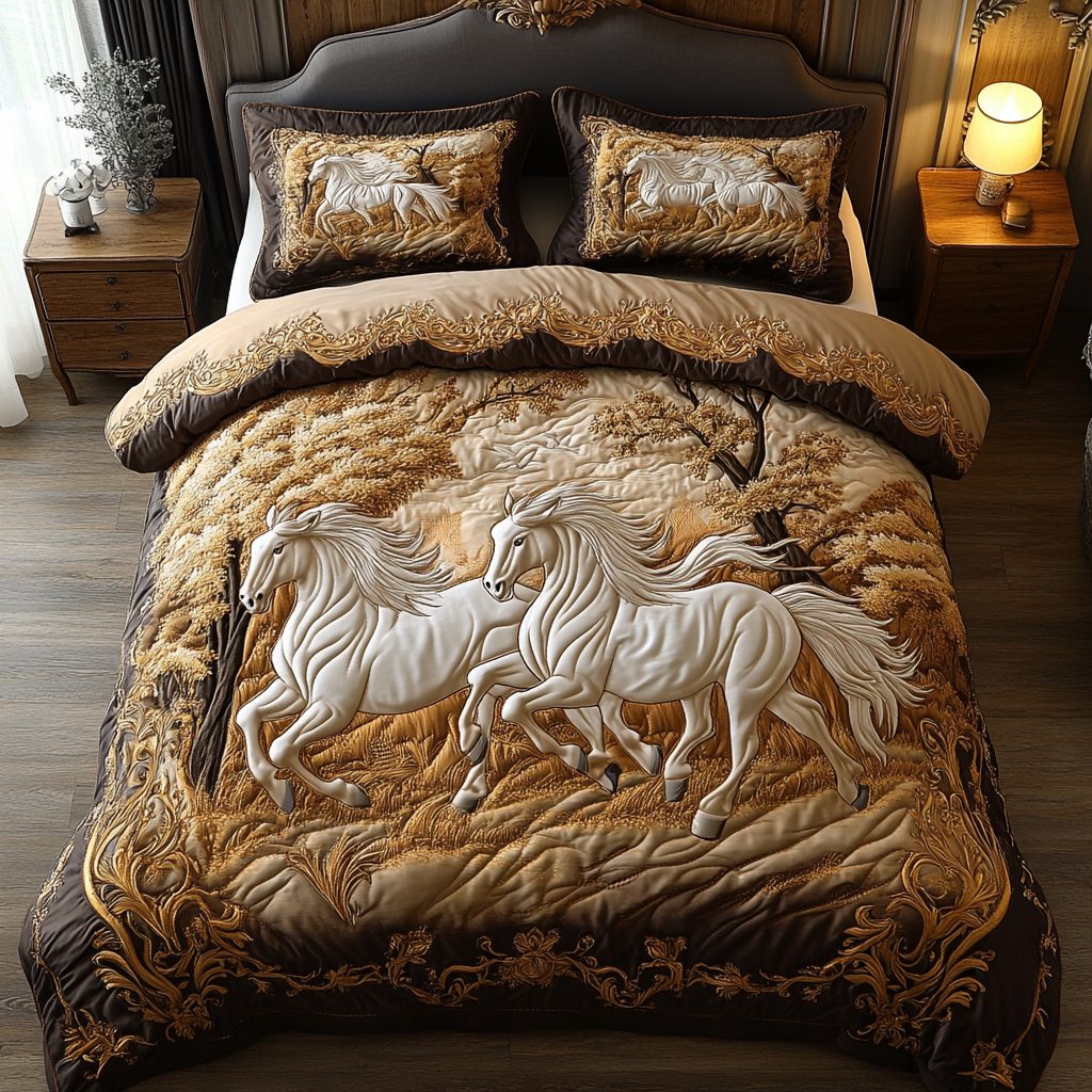Celestial Mane quilted 3-piece bedding set on a made bed with two matching pillow shams
