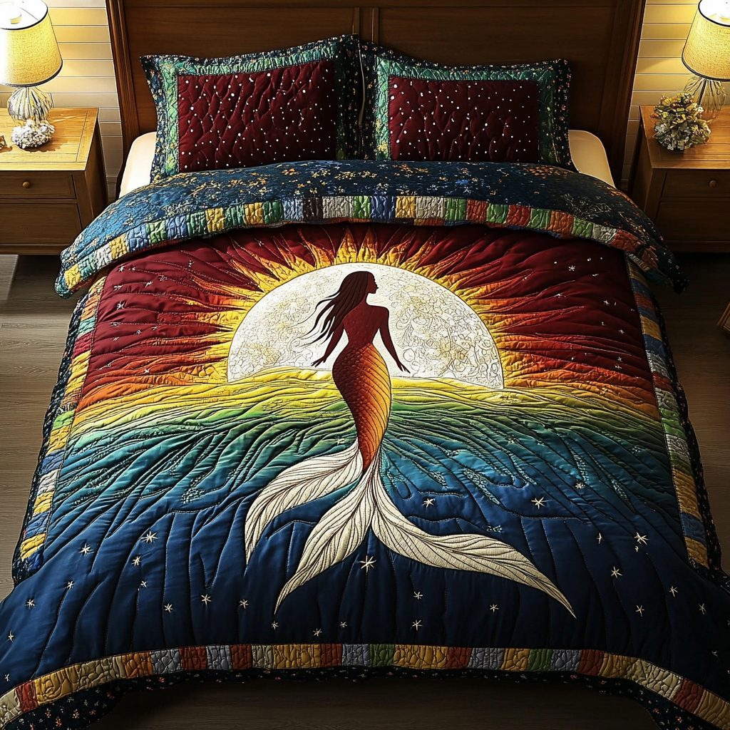Celestial Mermaid quilted 3-piece bedding set on a made bed in a light coastal bedroom