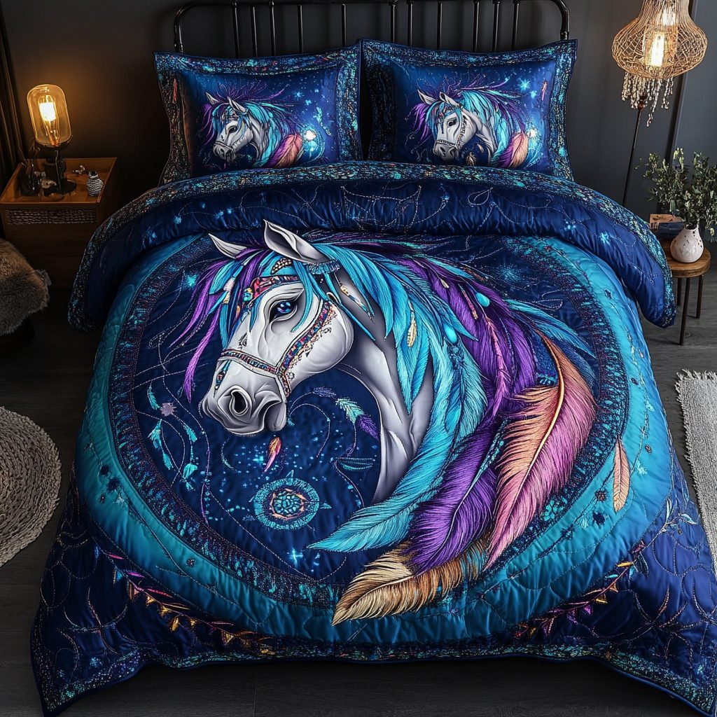 Celestial Mustang quilted 3-piece bedding set on a made bed with two matching pillow shams
