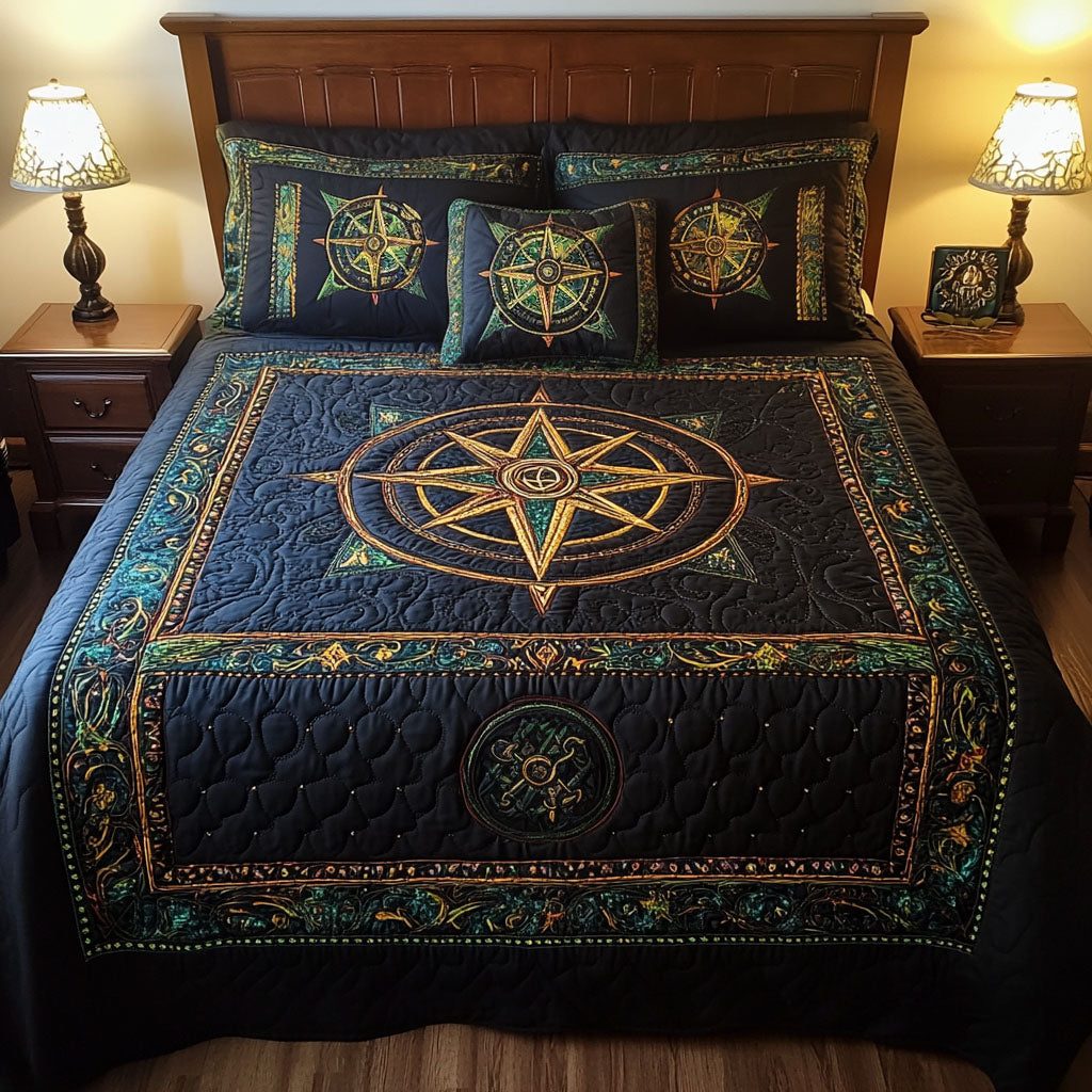 Celestial Navigator quilted 3-piece bedding set on a made bed with two matching pillow shams