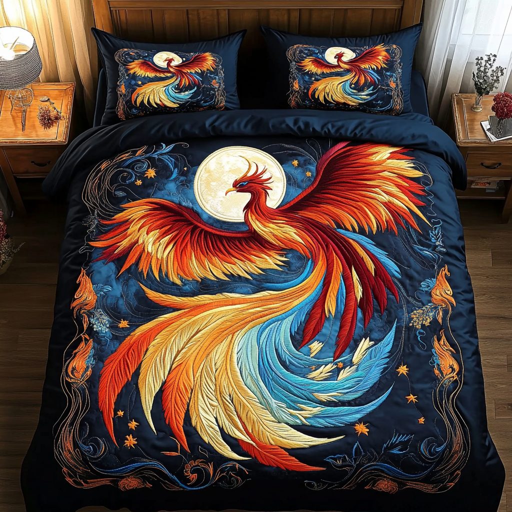 Celestial Phoenix quilted 3-piece bedding set on a made bed with two matching pillow shams