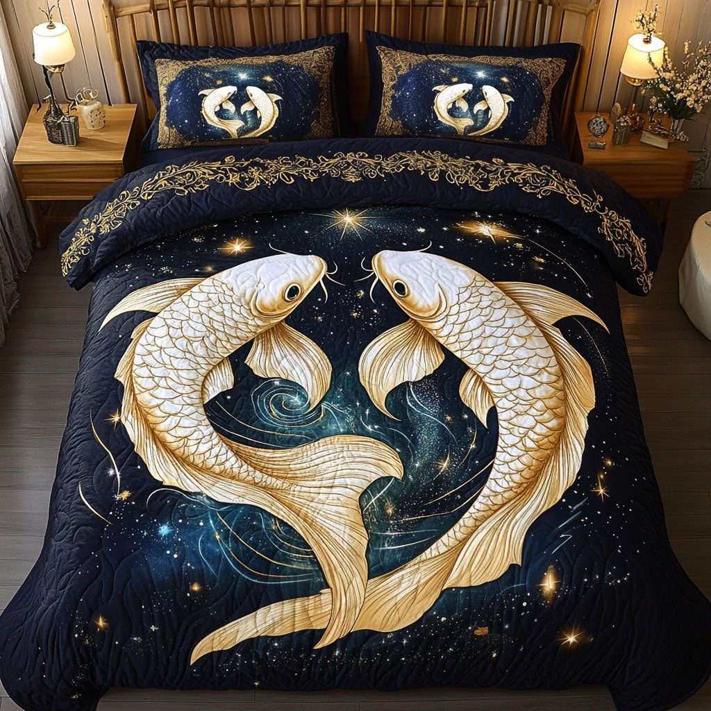 Celestial Pisces quilted 3-piece bedding set on a made bed with two matching pillow shams