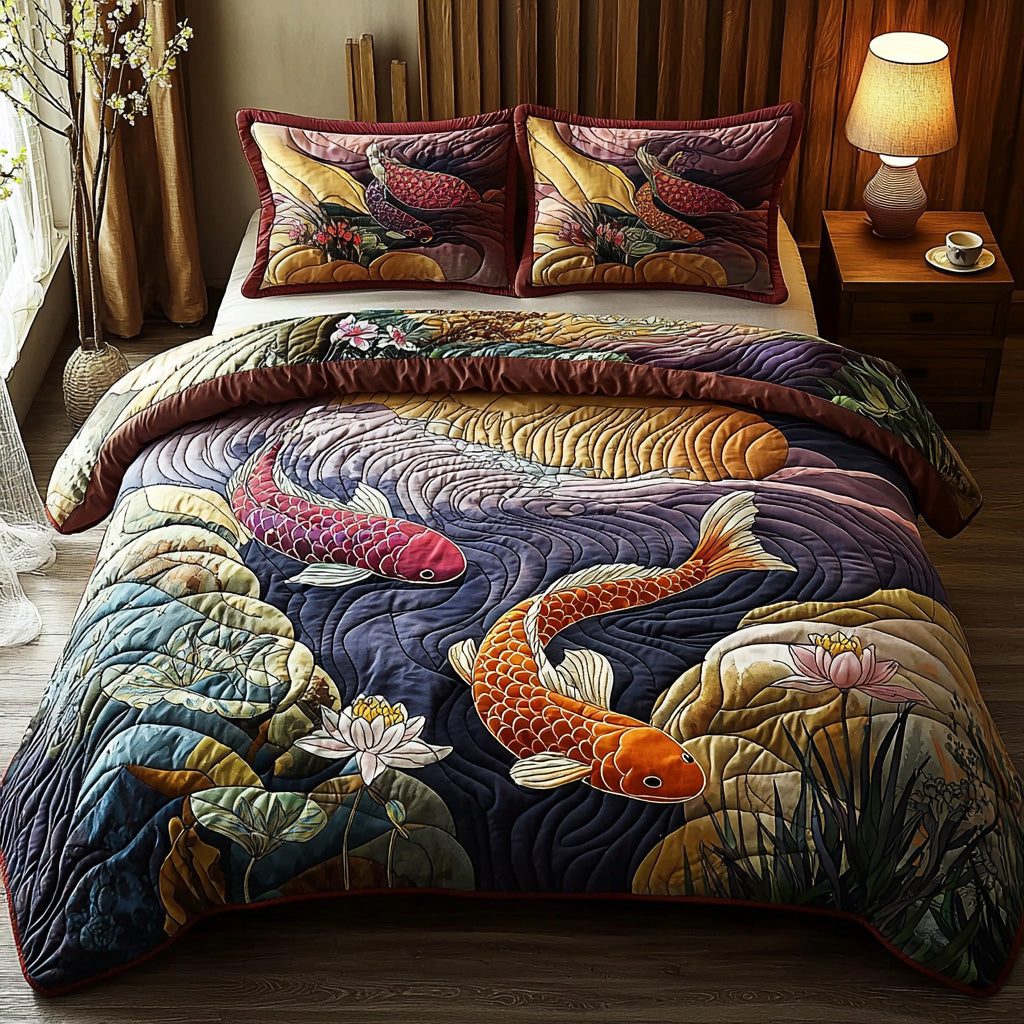 Celestial Pond quilted 3-piece bedding set on a made bed with two matching pillow shams