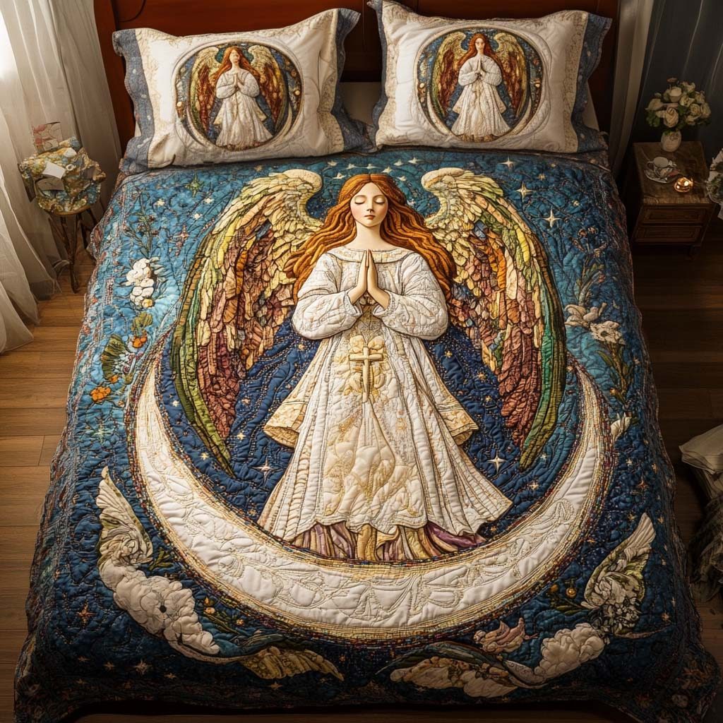 Celestial Prayer quilted 3-piece bedding set on a made bed in a softly lit bedroom
