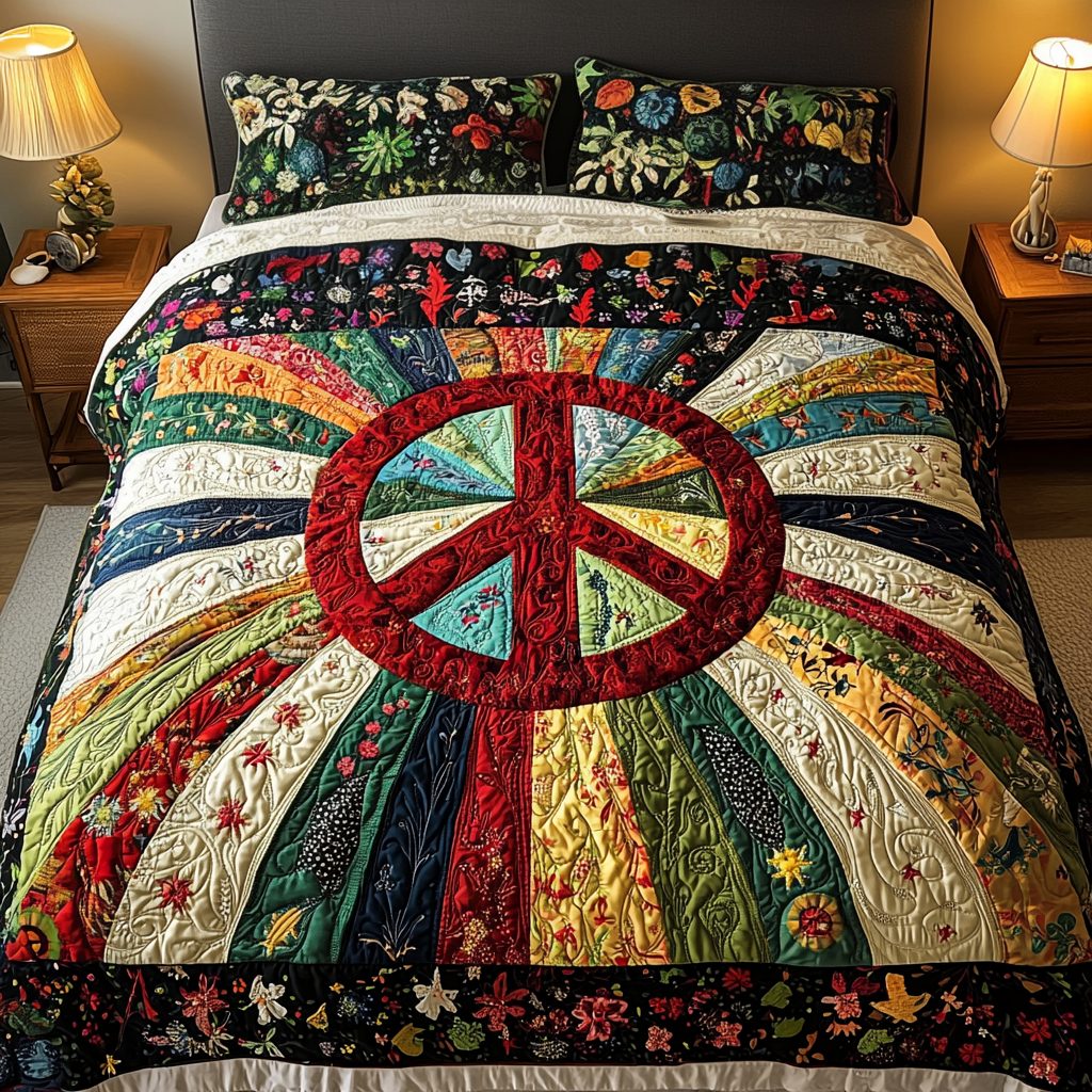 Celestial Rays quilted 3-piece bedding set on a made bed with two matching pillow shams