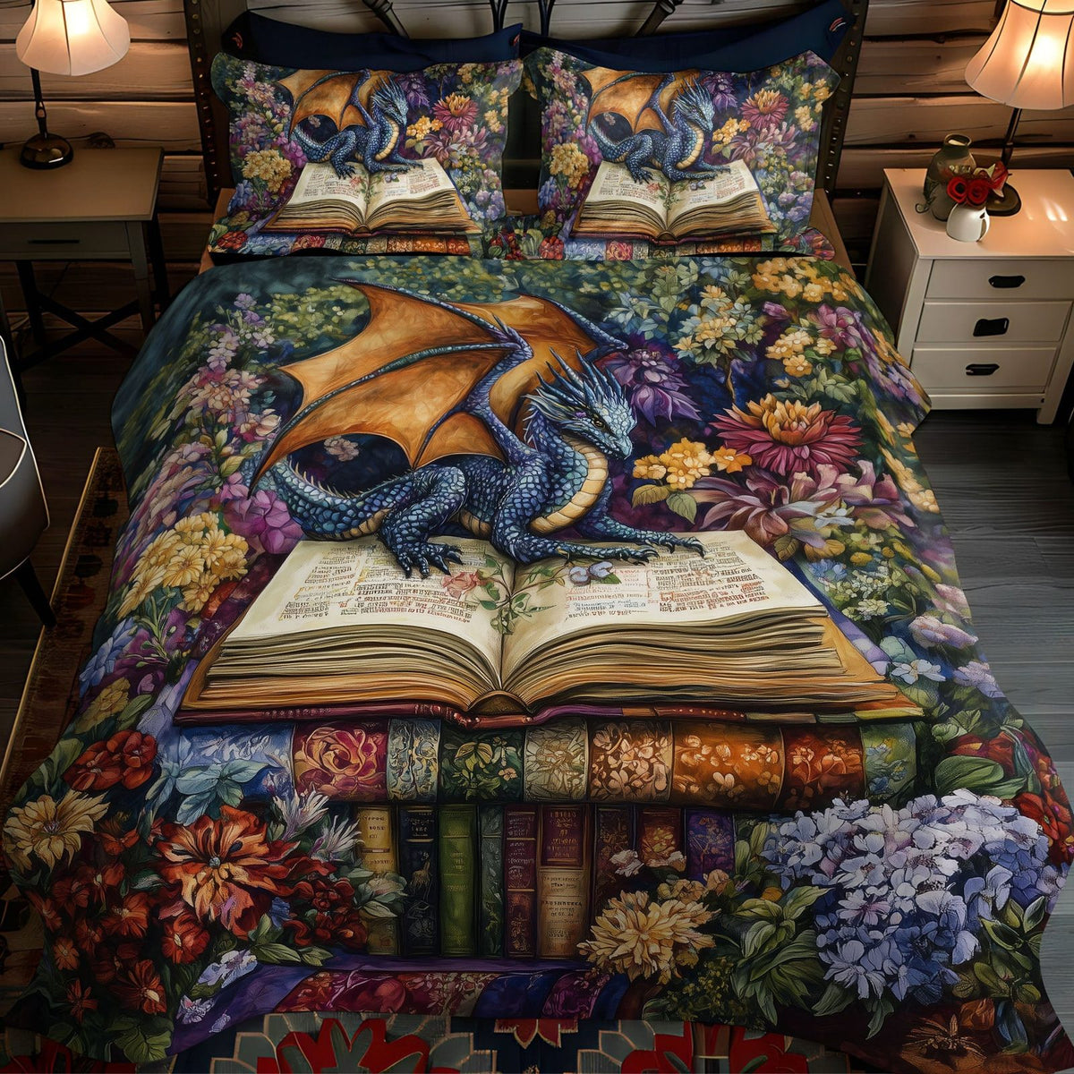 Celestial Seeker quilted 3-piece bedding set on a made bed with two matching pillow shams