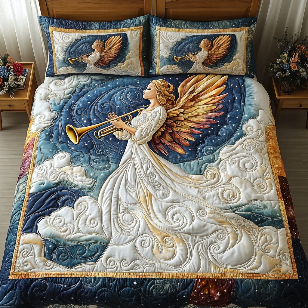 Celestial Song quilted 3-piece bedding set on a made bed with two matching pillow shams