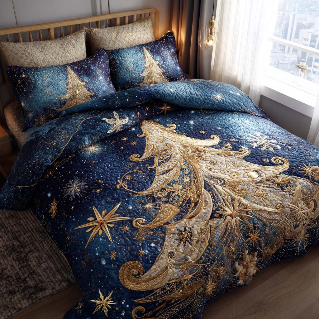 Celestial Starry Tree quilted 3-piece bedding set on a made bed with two matching pillow shams